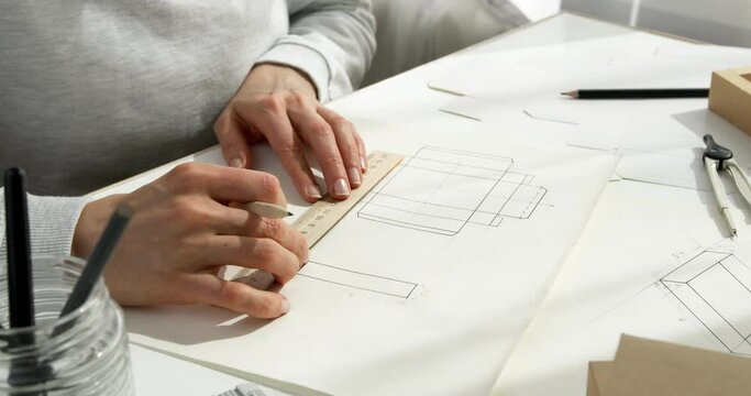 The designer draws sketches of cardboard packaging on paper. The artist develops the design of the boxes.