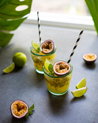 Passion fruit and lime lemonade. Iced tropical drink
