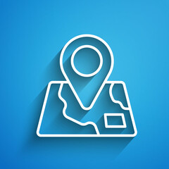 White line Folded map with location marker icon isolated on blue background. Long shadow. Vector