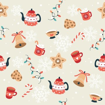 Christmas pattern with cute bells, teapots and cups. Festive background with hand drawn elements, vector illustration