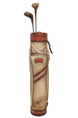 Vintage weathered golf bag with two wooden clubs isolated on white