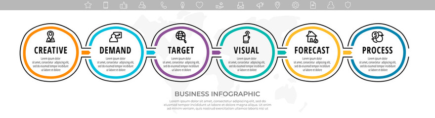 Hand drawn vector minimal line infographics with circles and icons. Business timeline 6 steps by step. Flat template with six ways for chart, diagram, flowchart, app, graphic