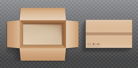 Mockup of carton delivery and packaging long box with shadow isolated on transparent background. Realistic vector.