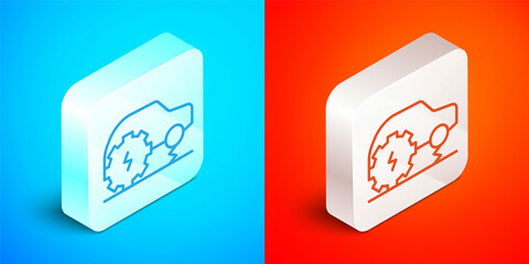 Isometric line Electric car service icon isolated on blue and red background. Renewable eco technologies. Silver square button. Vector