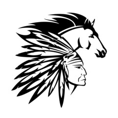 native american tribal chief wearing feathered headdress nad wild mustang horse head with flying mane - black and white vector portrait outline