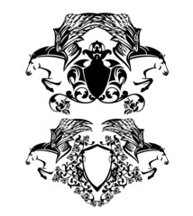 pair of flying pegasus horses with heraldry shield among rose flowers - black and white animals with heraldic vector design elements