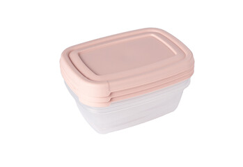 Stack of plastic food storage containers with pink lid isolated on white background. Food box for lunch. Close up