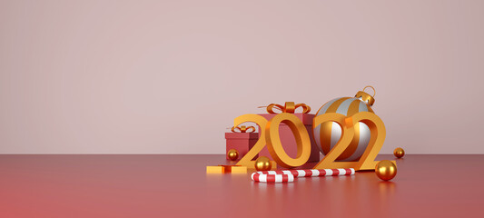 merry christmas and new year 2022 presents concept. red gift boxes, golden ball,  golden star, 2022 3d text and christmas decor on red background. 3D illustration