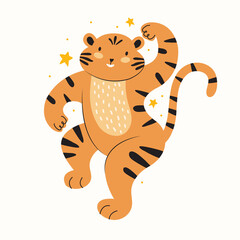Cute tiger dancing. New Year and Christmas animal character. Cartoon funny tiger in vector. The symbol of the Chinese New Year. Hand-drawn festive character for print design, poster, postcard.