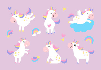 Vector set of cute unicorns. Stars, rainbow, cloud.