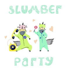 Pajama party, two unicorns in pajamas, with a phone and lollipop.
