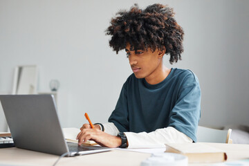Minimal portrait of African-American teenage boy using laptop while studying at home or in college,...