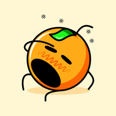cute orange character with leaf, dizzy expression, close eyes and tired. cartoon, emoticon, modern, fresh, outline and mascot logotype. suitable for logo, icon and sign