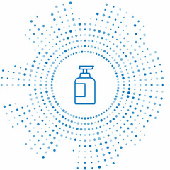 Blue line Bottle of shampoo icon isolated on white background. Abstract circle random dots. Vector