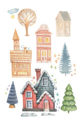 Fototapeta premium Small houses christmas village holidays new year winter trees watercolor hand-drawn. Vacation snow print textile cute plot children's fairy tale
