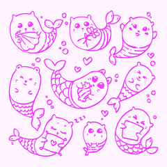 Mermaid cat vector linear coloring cute tail underwater heart children's teddy bear character isolated set
