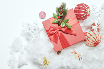 Postcard with Christmas attributes. Festive background. Beautiful mockup postcard