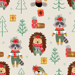seamless pattern with Christmas hedgehog and raccoon