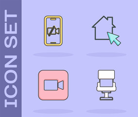 Set Office chair, Video camera on mobile, Camera and Online working icon. Vector