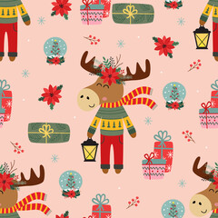 seamless pattern with Christmas elk and gifts