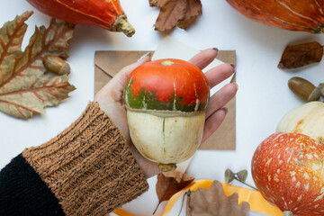 pumpkin in woman's hands with fall leaves
