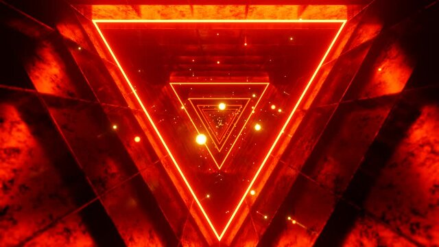 Seamless loop motion graphic of flying into triangle red tunnel