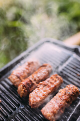 Close up of grill with kebabs on it. Grilling in nature on a camping trip.