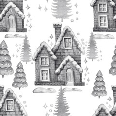 
Small houses christmas village holidays new year winter trees patern seamless watercolor hand-drawn. Vacation snow print textile cute plot children's fairy tale