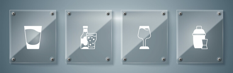 Set Cocktail shaker, Wine glass, Beer bottle and and Shot. Square glass panels. Vector