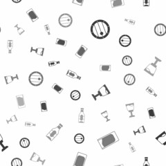 Set Wooden barrel, Shot glass, Wine and Beer bottle on seamless pattern. Vector