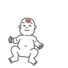 アジア人の裸の可愛い赤ちゃんの笑顔の表情の白バックの線画