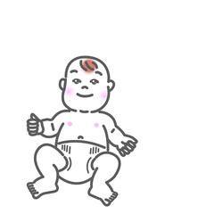オムツをしたああアジア人の可愛い赤ちゃんの笑顔の表情の白バックの線画
