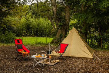 林の中のキャンプ場　Camping with an open tent in a forest 