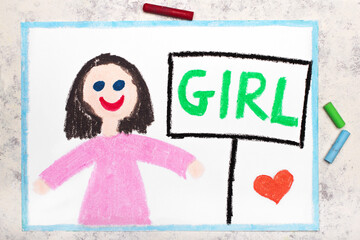 Colorful drawing: Cute smiling girl in pink dress and word GIRL next to her