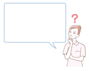 手を顎に当てて考える看護師と吹き出し