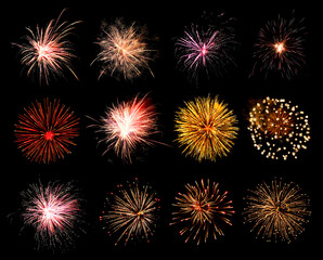 Beautiful bright fireworks on black background, collage
