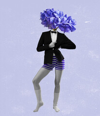 Contemporary art collage, modern design. Retro style. Female body headed by blooming flowers. Surrealism