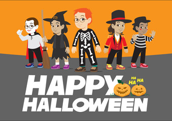 happy halloween kids costume characters with dracula witch skeleton ringmaster and mime for event purpose