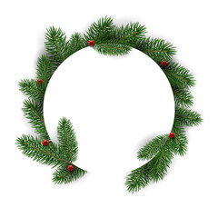 Fototapeta na wymiar Christmas wreath made of fir branches. Festive circle frame with place for text. New Year decor