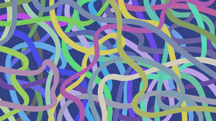 Funny horizontal background of chaotic wavy lines. Multicolored pattern. Yellow, blue, pink, green doodles. Doodle style. Stock vector illustration.