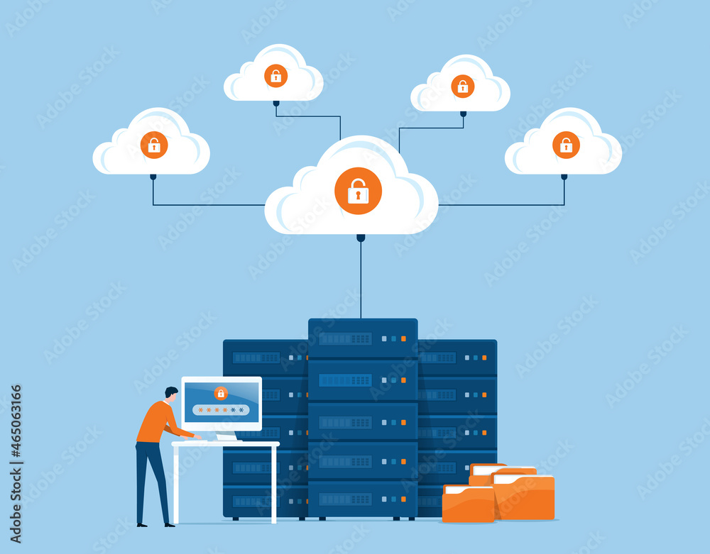 Poster flat vector business technology cloud storage and cloud server service concept with administrator and developer working on workstation concept