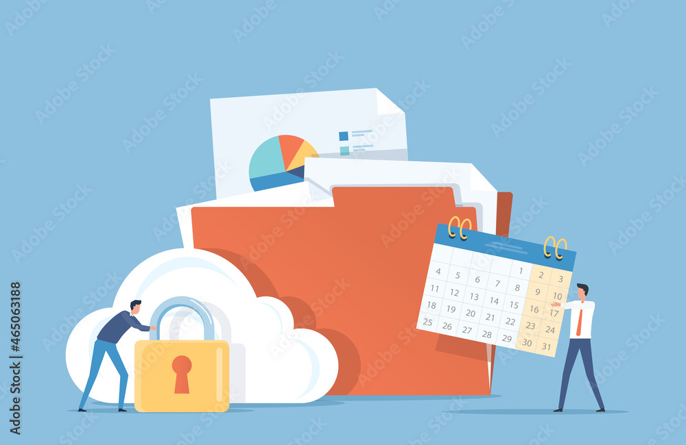 Poster Flat business technology cloud server service storage backup concept with team working backup file in folder and development security system concept