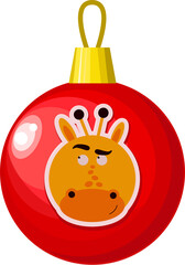 Christmas ball. Christmas tree decoration. Christmas tree red ball with a giraffe pattern.