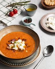 tomato soup with cheese and bacon
