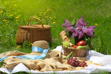 Picnic on a green lawn on a sunny day. Basket with fruits and pastries, lilac