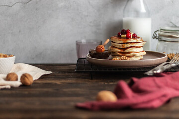 classic American Canadian breakfast pancakes with honey
