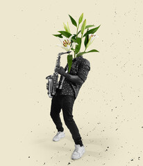 Contemporary art collage, modern design. Retro style. Young man, musician headed by blooming flowers. Surrealism - obrazy, fototapety, plakaty