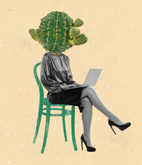 Contemporary art collage, modern design. Retro style. Female body headed by huge cactus. Surrealism