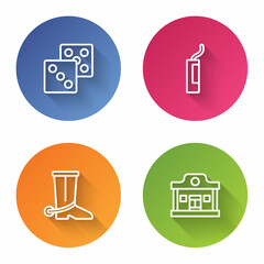 Set line Game dice, Dynamite bomb, Cowboy boot and Wild west saloon. Color circle button. Vector