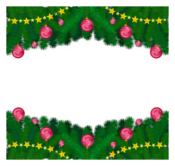 Happy New Year and Christmas card with branches and balloons. Congratulations, invitations, leaflets.